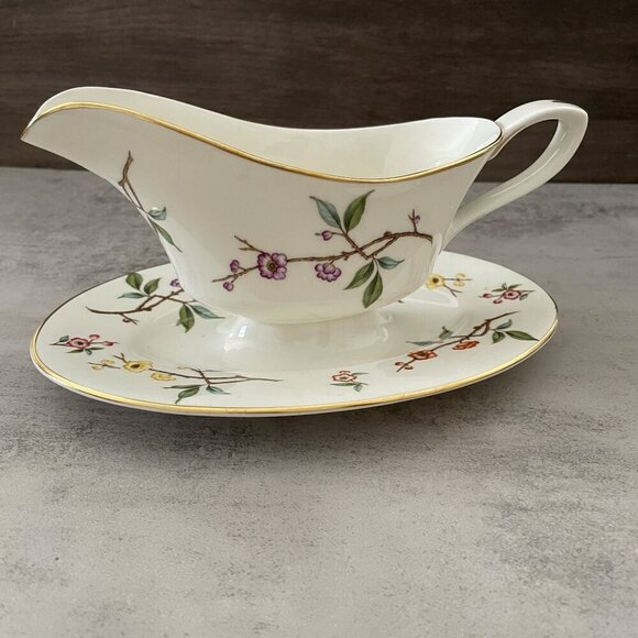 Vintage Royal Worcester Blossom Time Gravy Boat with Attached Under Plate MINT